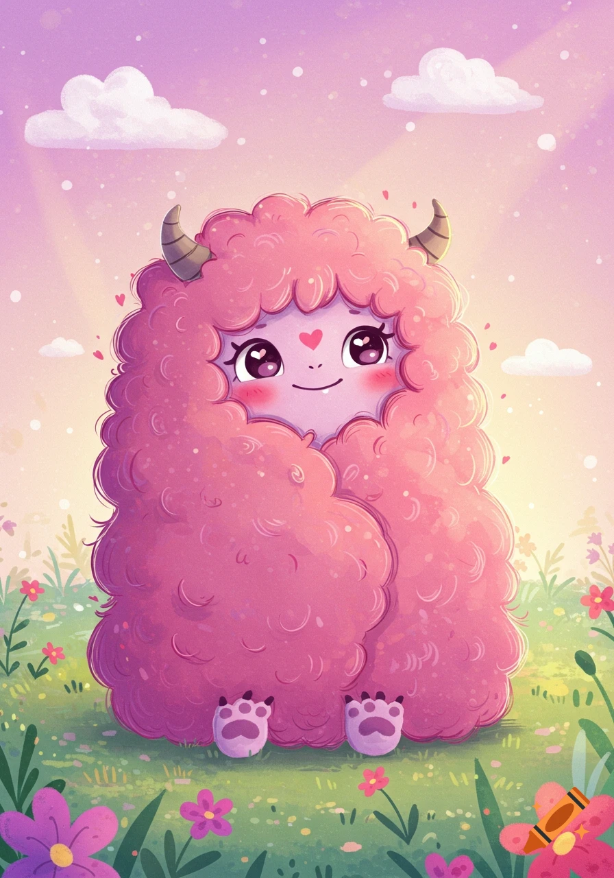 A cute, fluffy pink monster with big eyes, small horns, and paw feet sits in a vibrant flower field under a bright sky, in a charming cartoon style.