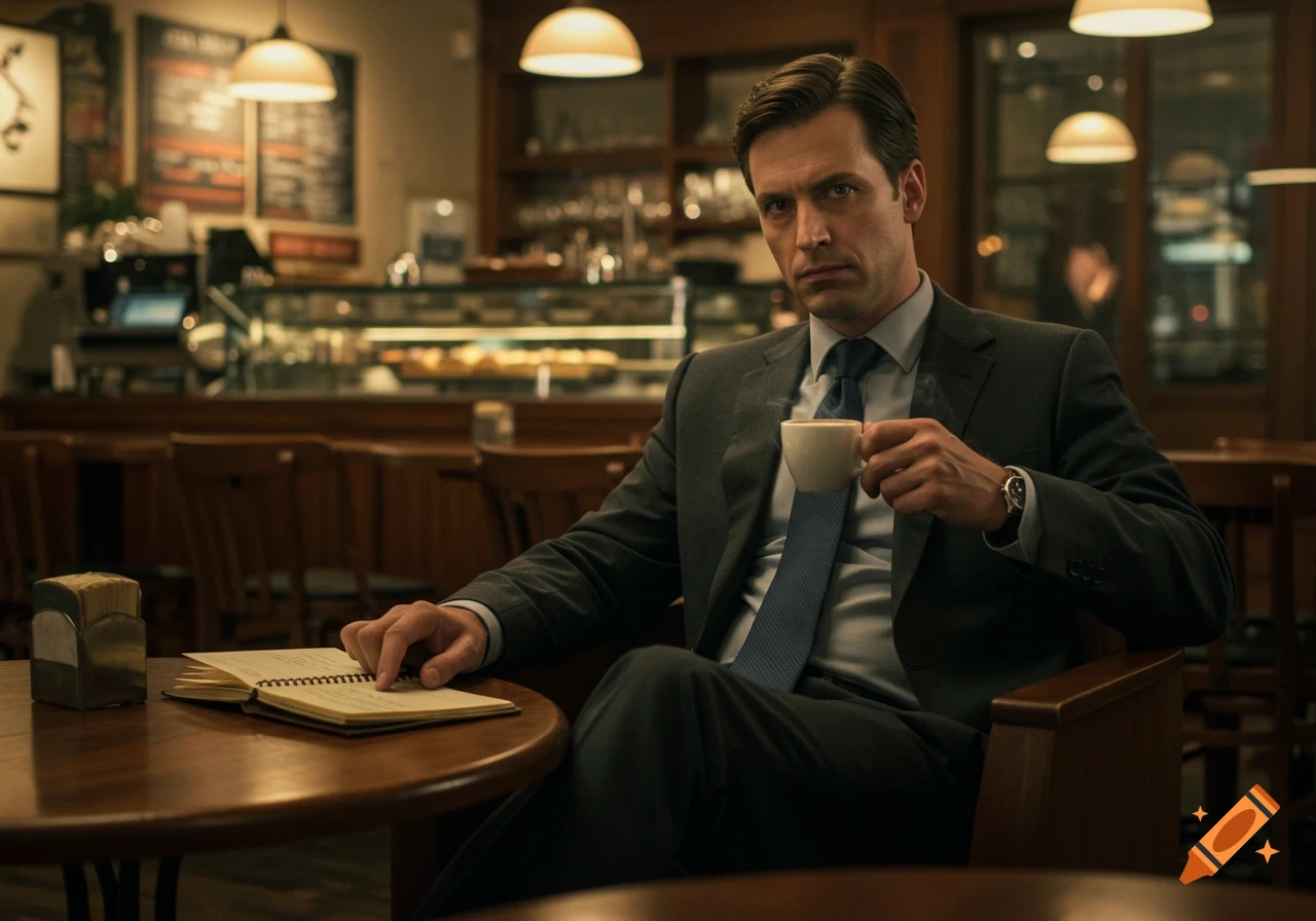 A man in a dark suit and blue tie sits in a coffee shop, holding a white cup and looking intently at the viewer. Photorealistic.