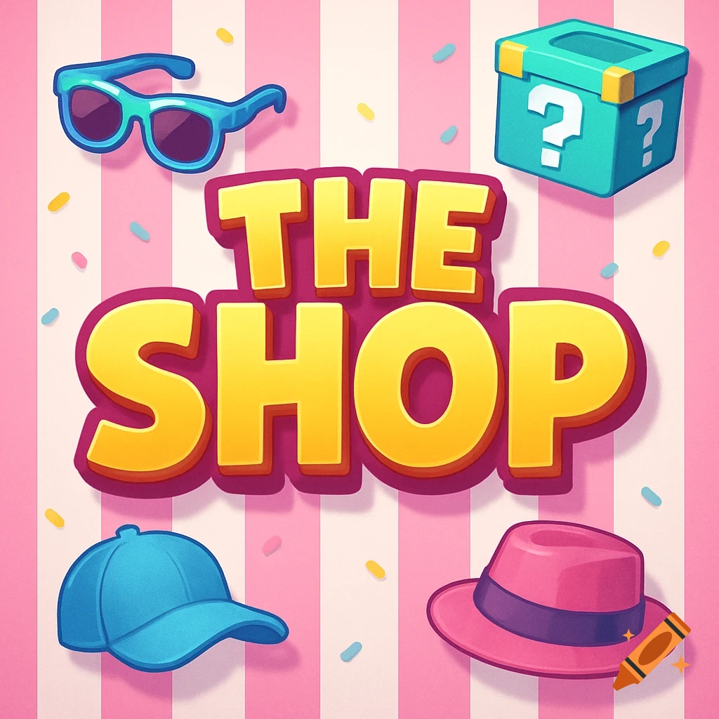 Cartoon image with bright yellow text "THE SHOP" centered on a pink and white striped background, surrounded by colorful sunglasses, a gift box with question marks, a blue baseball cap, and a pink fedora.