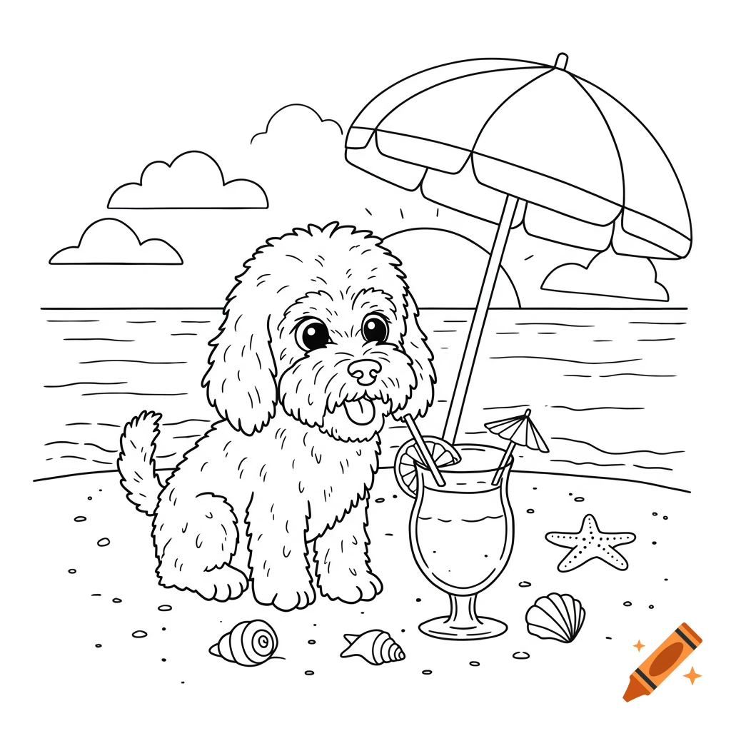 Cartoon Goldendoodle puppy sitting on a sandy beach next to a tropical drink under a beach umbrella, line art style.