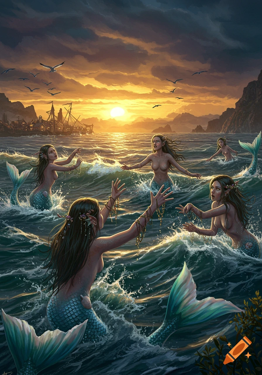 Artistic illustration of mermaids in choppy ocean waves, hands outstretched towards a distant village and sailing ship under a dramatic sunset.
