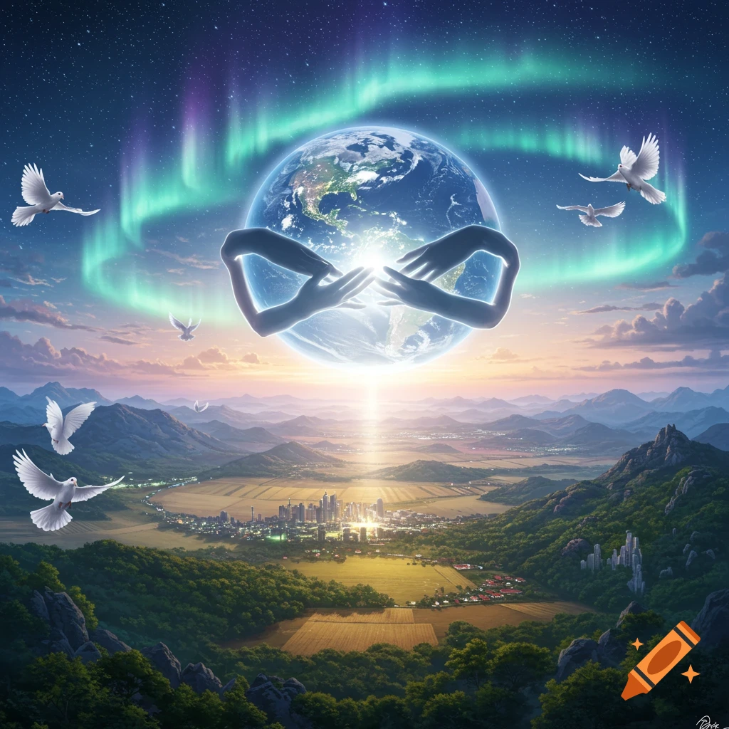 Symbolic digital art of Earth embraced by hands forming an infinity symbol, with doves and aurora over a peaceful landscape and city.