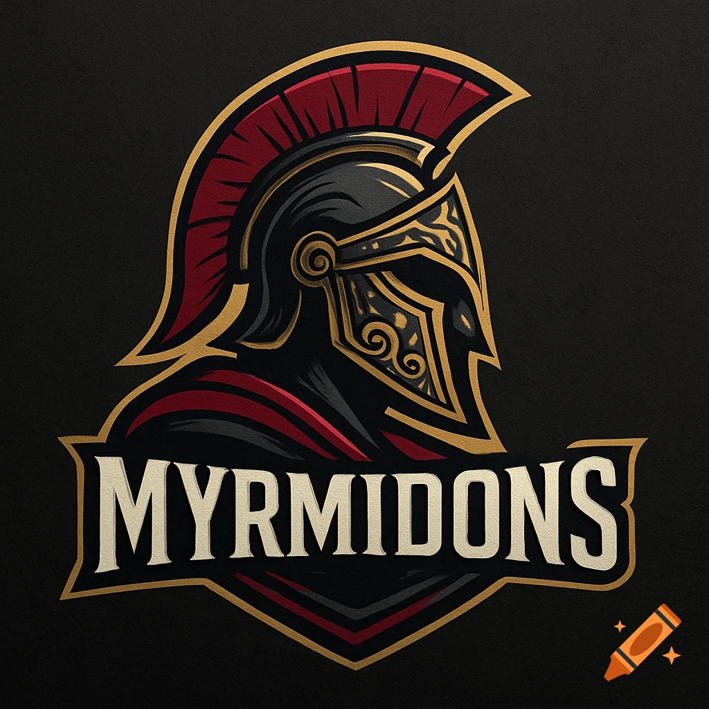 Stylized logo featuring a dark Spartan helmet with gold accents and a red crest, above the word MYRMIDONS on a dark background.