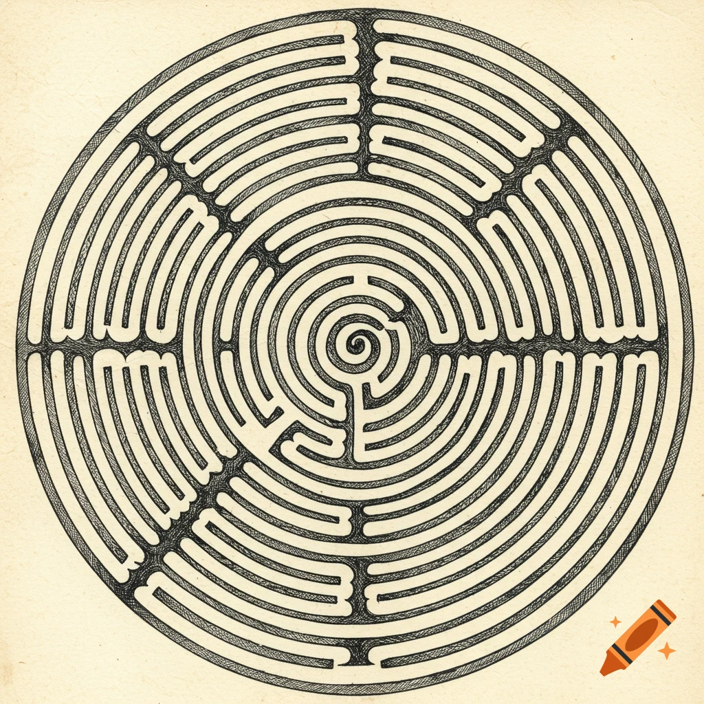 A hand-drawn circular labyrinth with black lines on an off-white background.