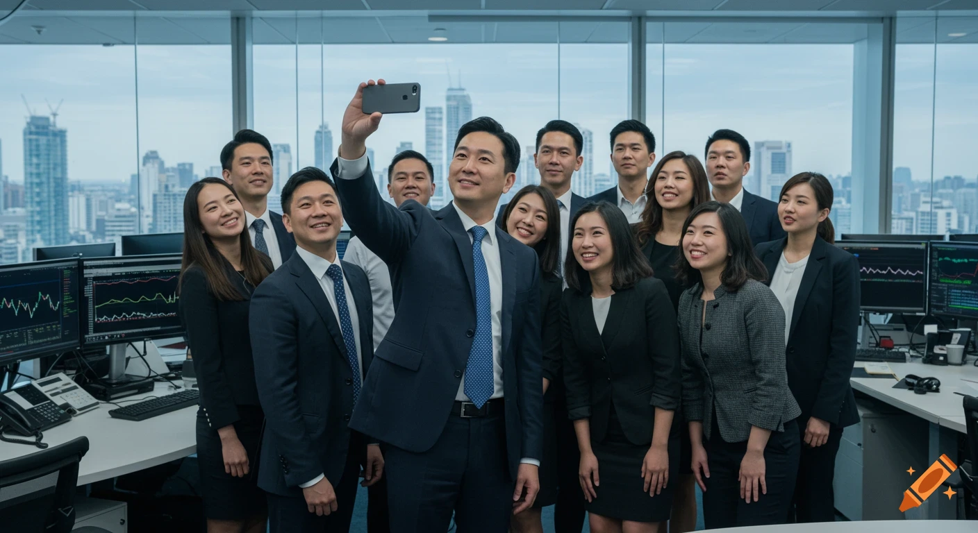 A group of smiling Asian business professionals in an office taking a selfie with a smartphone, city skyline in background.