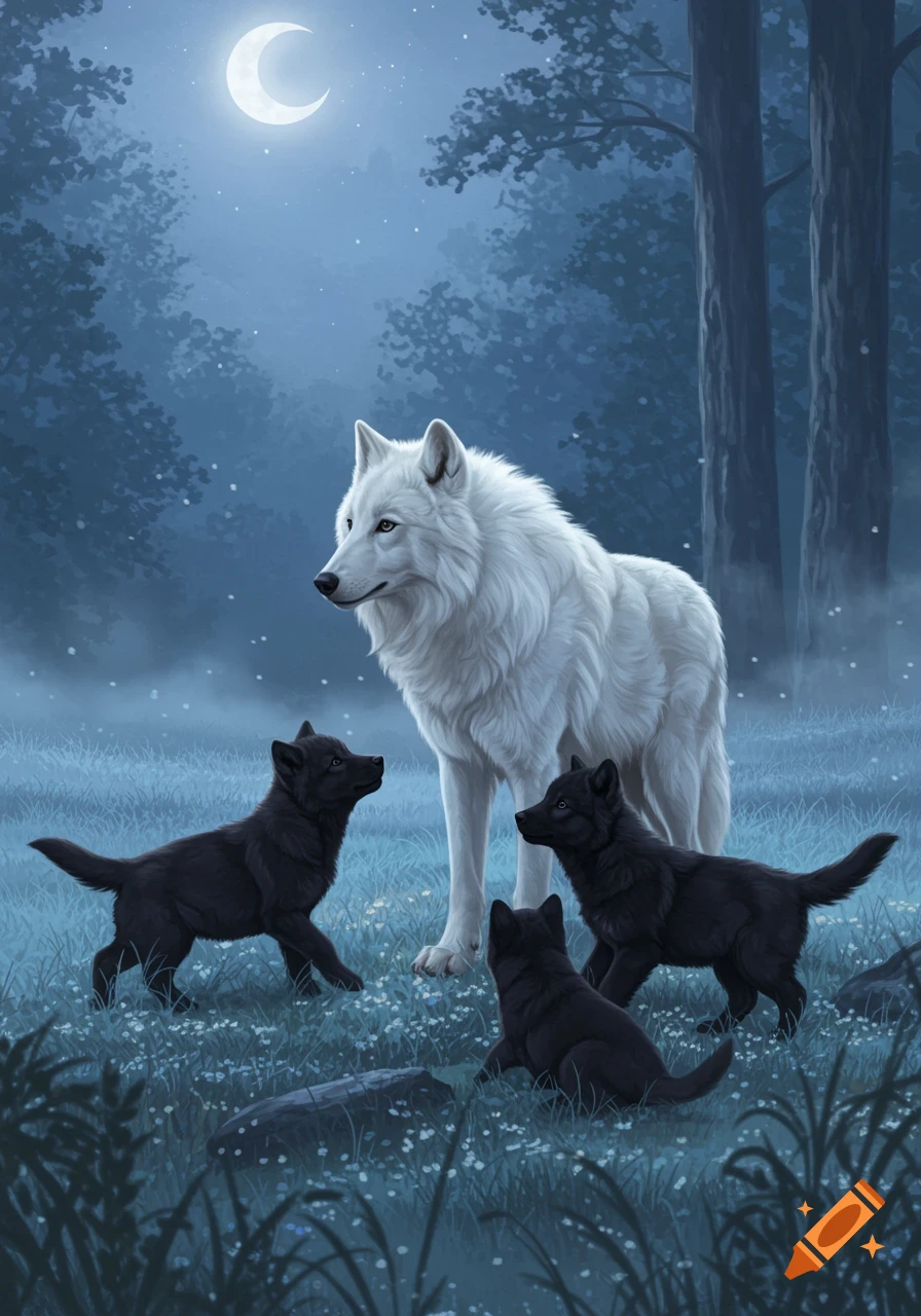 A majestic white wolf stands among three black wolf puppies in a mystical, moonlit forest, with a crescent moon above.