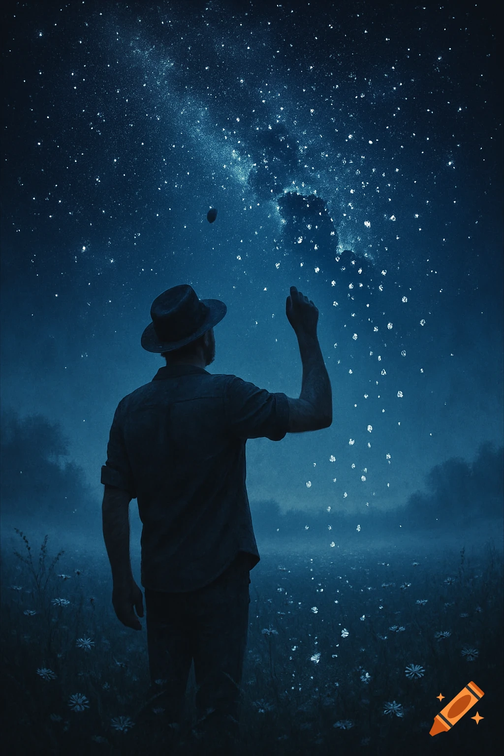 Silhouette of a man in a hat standing in a field at night, reaching up towards a starry sky from which shimmering particles fall.