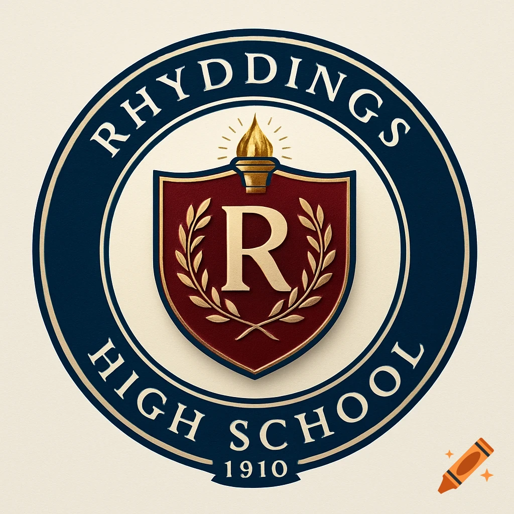 A circular blue and gold high school logo with 'RHYDDINGS HIGH SCHOOL 1910', a red shield with 'R' and a golden torch.