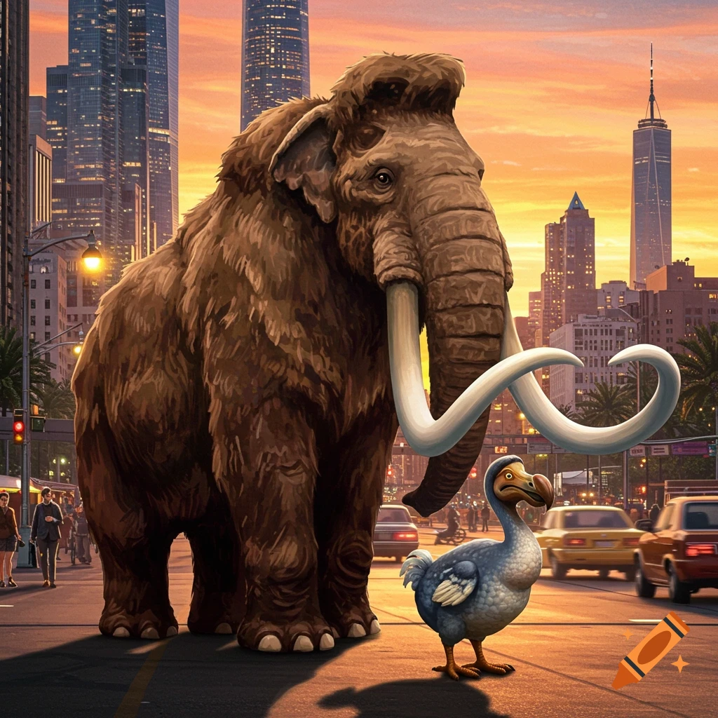 A large woolly mammoth and a small dodo bird stand on a city street at sunset, with tall skyscrapers in the background.
