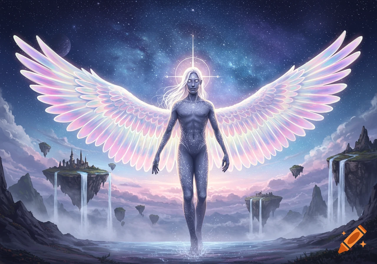 Ethereal winged figure with iridescent wings, white hair, standing in water amidst floating islands and a cosmic starry sky.