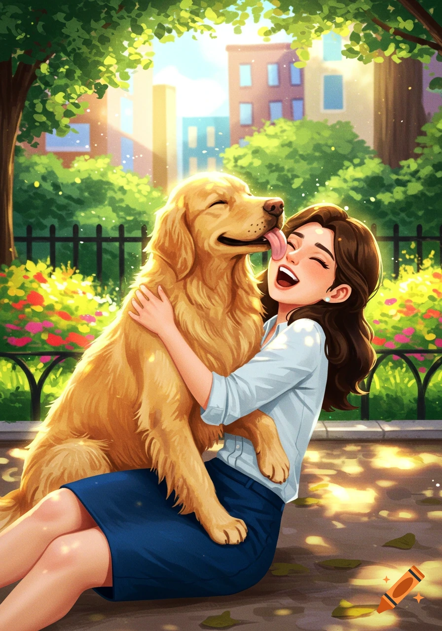 A young woman in a park joyfully hugs a golden retriever as it licks her face, in a bright, colorful illustration.