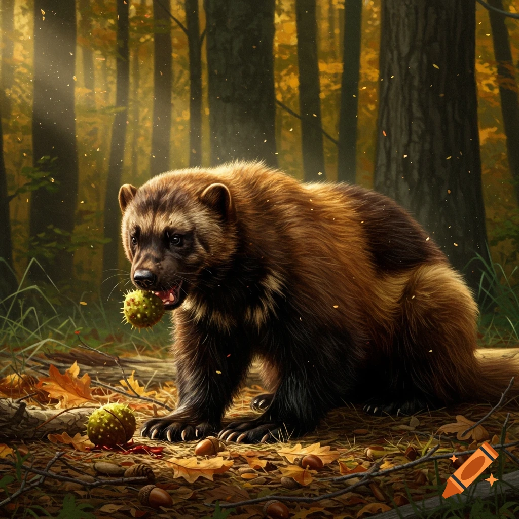 A detailed wolverine with brown fur eats a spiky green buckeye on a forest floor with autumn leaves.