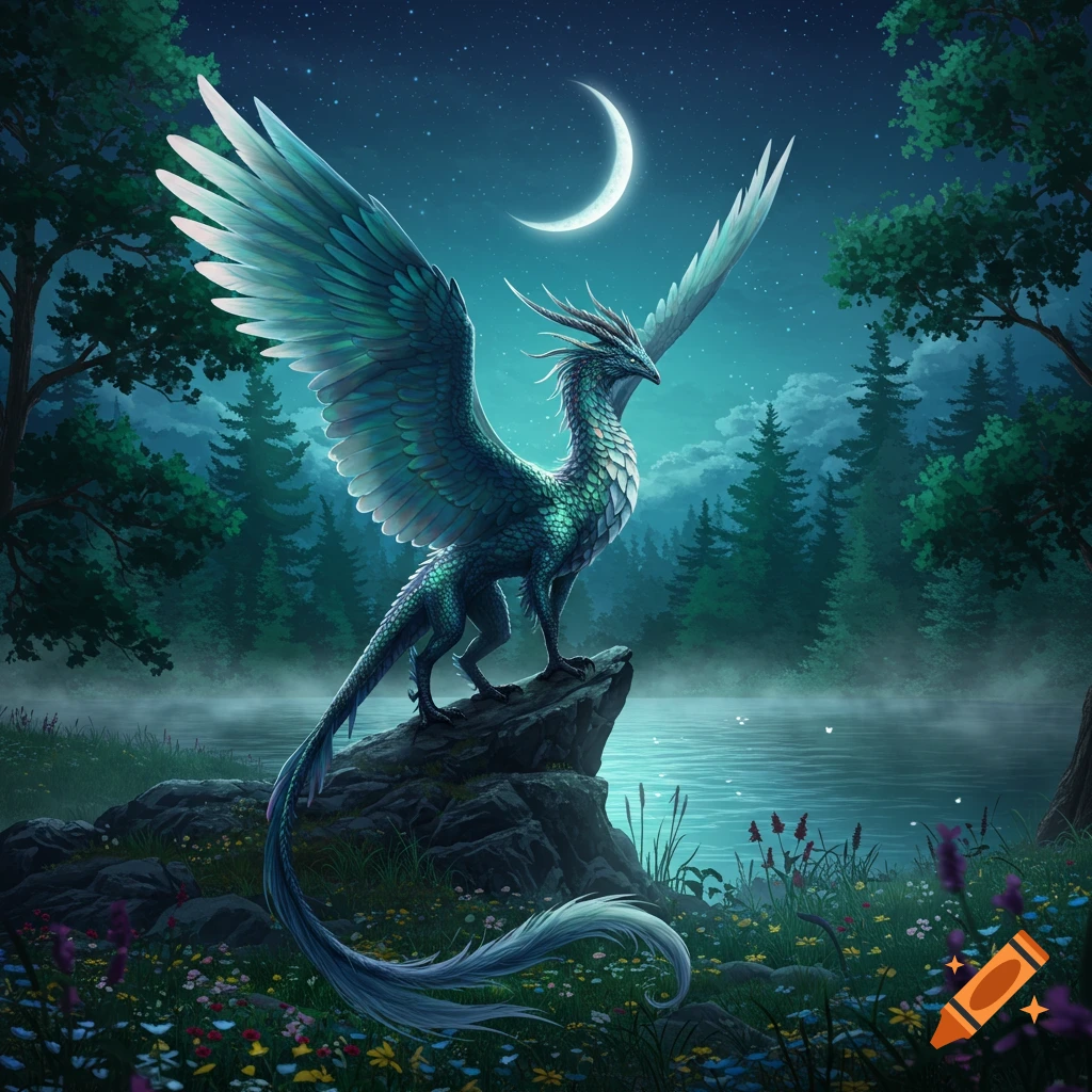 A majestic teal-green scaled winged creature stands on a rock by a misty lake in a moonlit forest under a crescent moon.