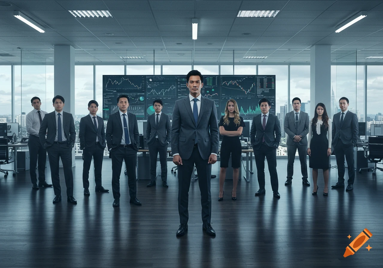 A photorealistic image of eleven diverse business professionals, mostly men in suits and a few women in business attire, posing in a modern office with large screens displaying financial data in the background.