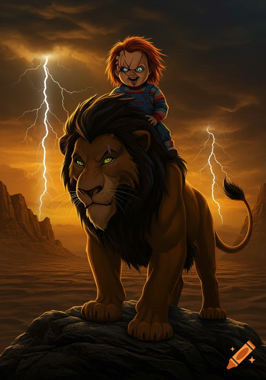 Chucky doll riding on Scar the lion's back against a dramatic orange sky with lightning, both looking sinister.