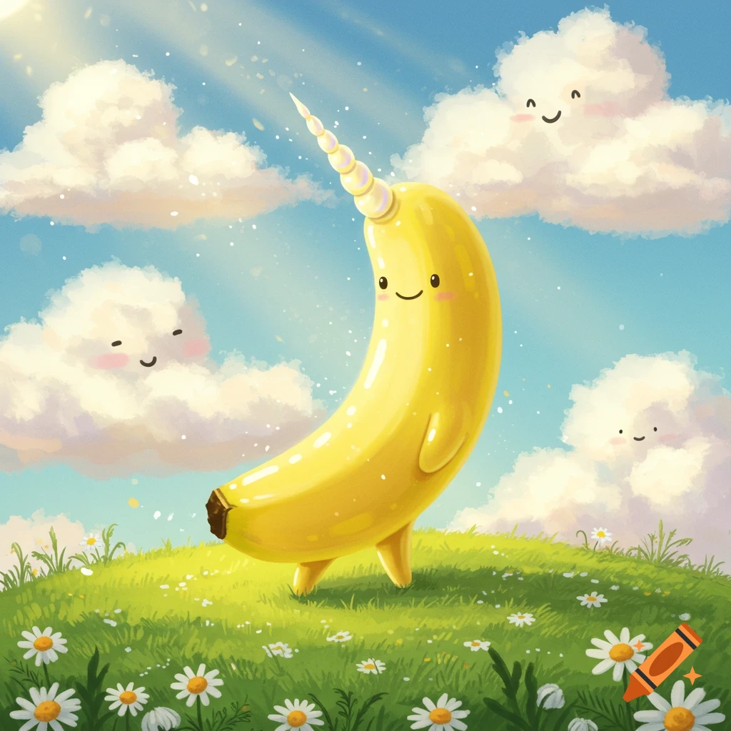 A cute yellow banana unicorn hybrid walks in a sunny, grassy field with daisies and smiling cartoon clouds, in a whimsical style.