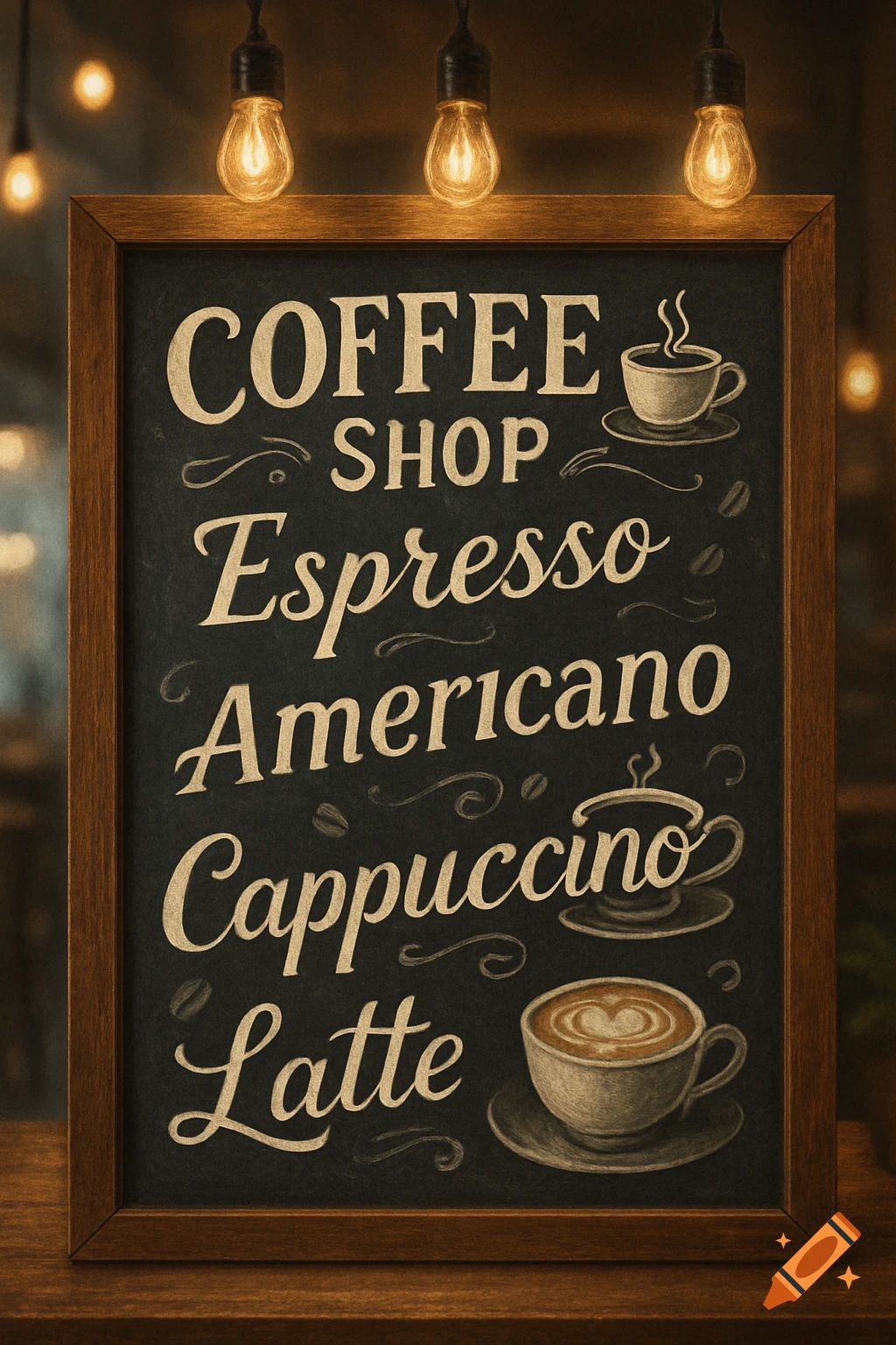A vintage-style chalkboard menu for a coffee shop, listing Espresso, Americano, Cappuccino, and Latte, with illustrations of coffee cups and hanging Edison bulbs.