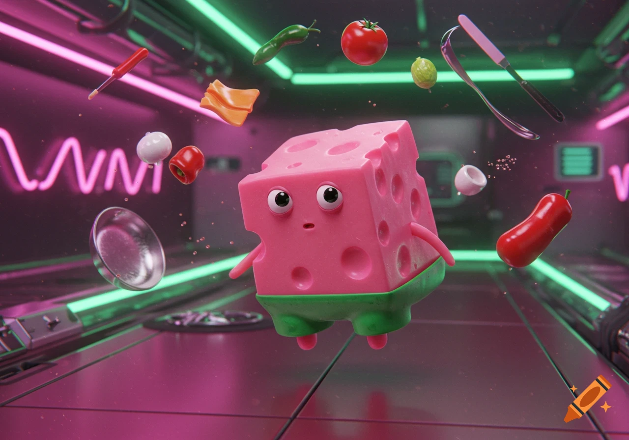 A pink cheese character in green shorts floats in a futuristic room with neon lights, surrounded by food and utensils.