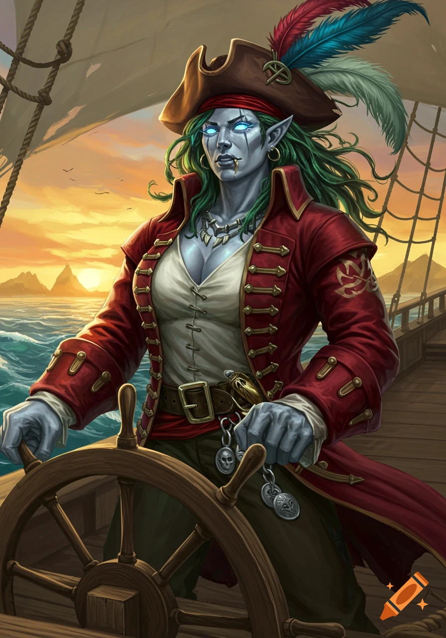 A blue-skinned, green-haired female fantasy pirate captain with glowing eyes stands at a ship's helm, with a sunset sea background.