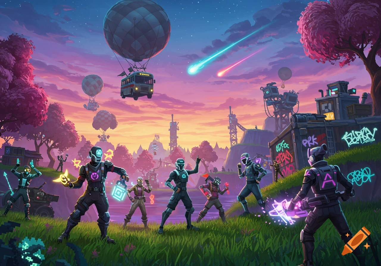 A vibrant, stylized scene depicting multiple futuristic characters in a grassy field with a hot air balloon bus and meteors in a sunset sky.