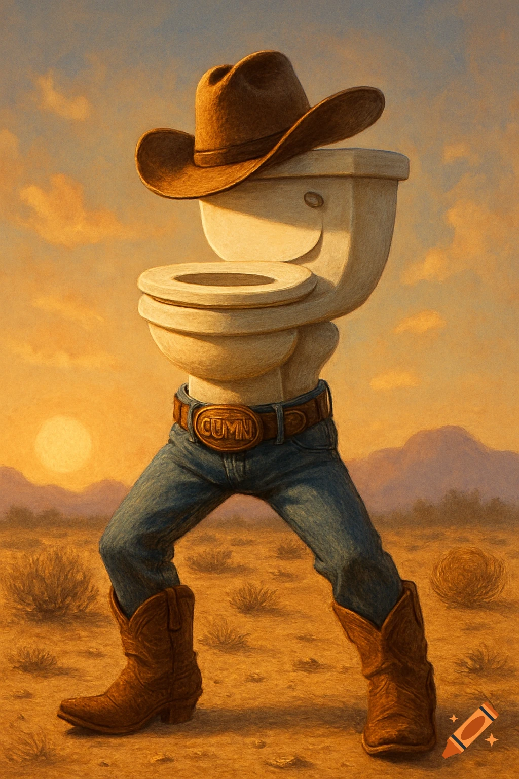 A toilet wearing a cowboy hat, jeans, and boots with a belt buckle that reads 'CUMN' stands in a desert landscape.