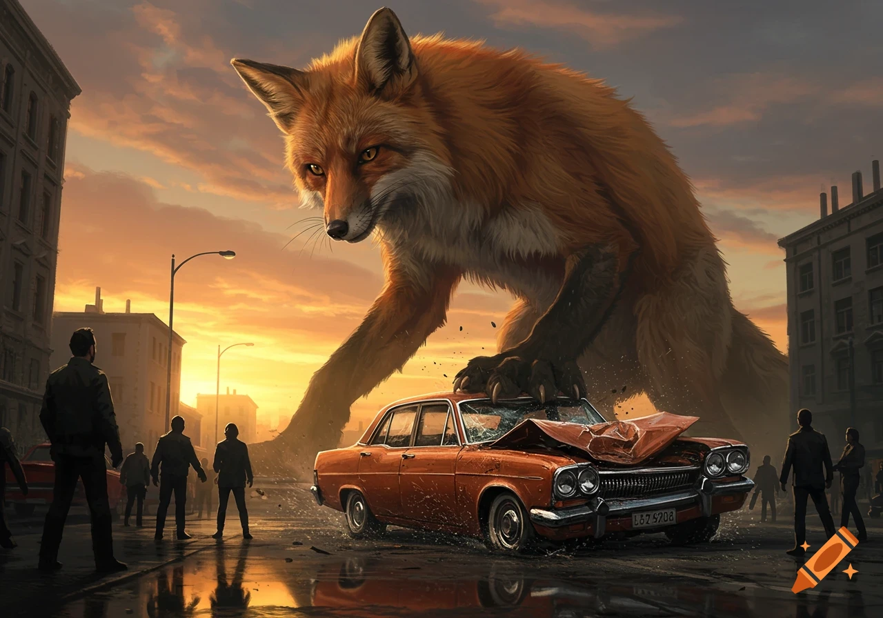A gigantic, photorealistic orange fox crushes a red car on a city street at sunset, observed by silhouetted people.