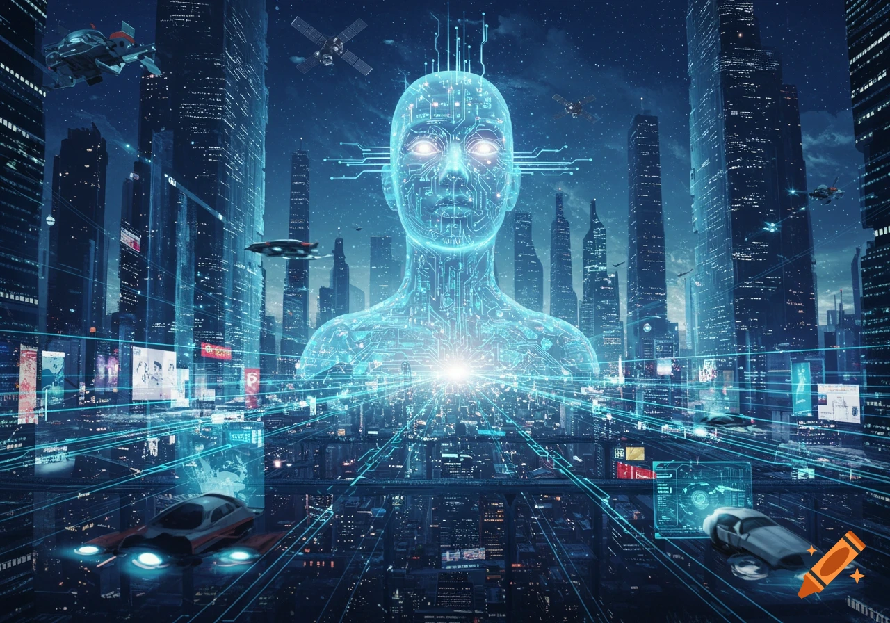 A glowing, circuit-patterned human head and torso overlooks a futuristic cyberpunk city at night, with flying cars and blue data lines.