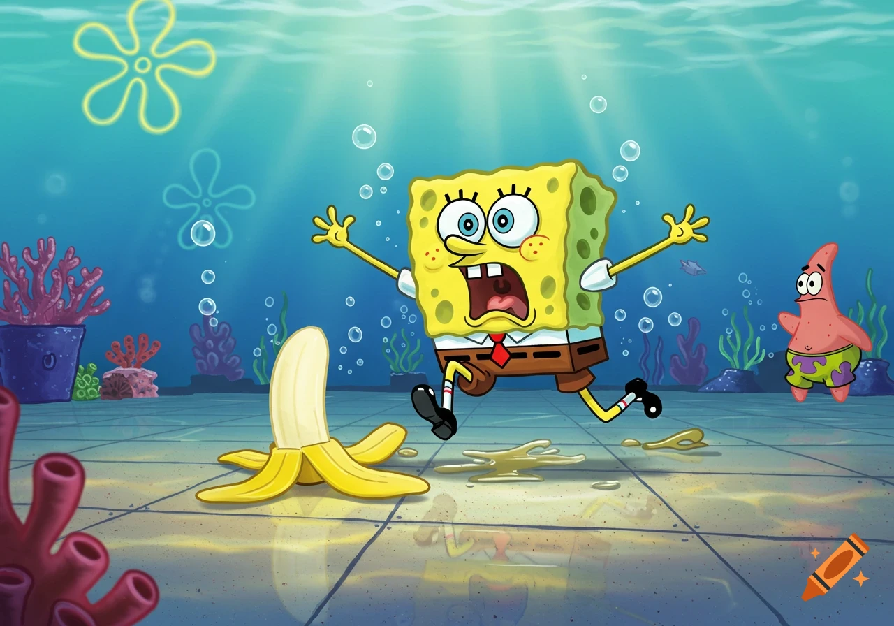 Spongebob Squarepants slips on a banana peel underwater as Patrick Star looks on in a vibrant cartoon style.