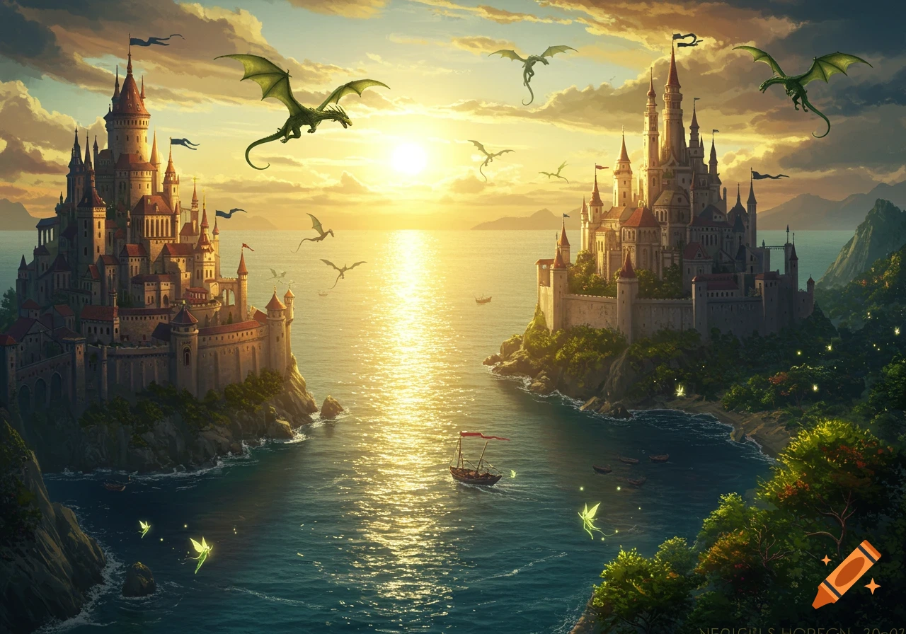 Two majestic castles on cliffs overlook a sea strait at sunset, with dragons flying, fairies glowing, and a boat sailing.