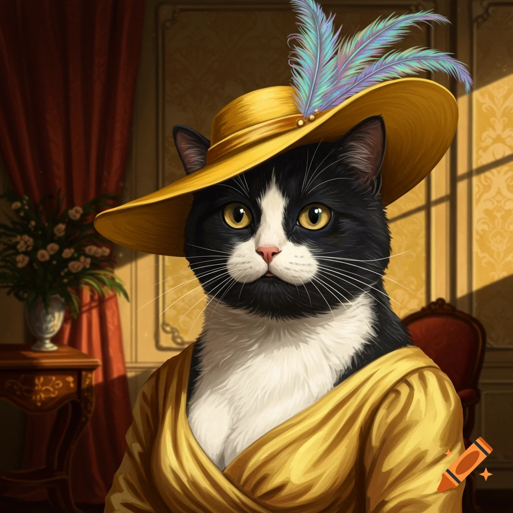 A regal black and white tuxedo cat in a yellow wide-brimmed hat with feathers and a matching yellow dress, in a softly lit, ornate room.
