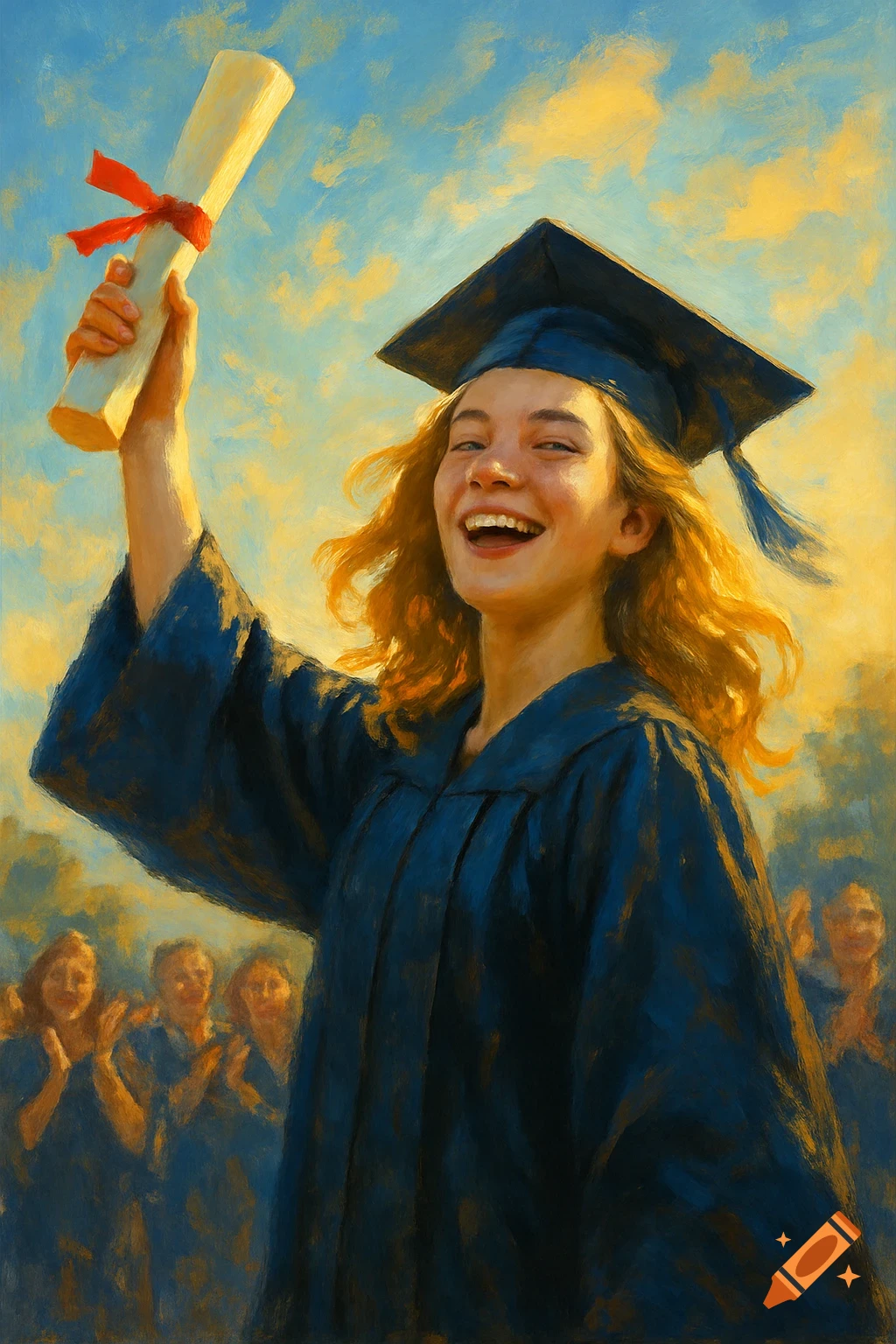 Joyful blonde graduate in cap and gown holding diploma high in an oil painting style, with blurred people in the background.