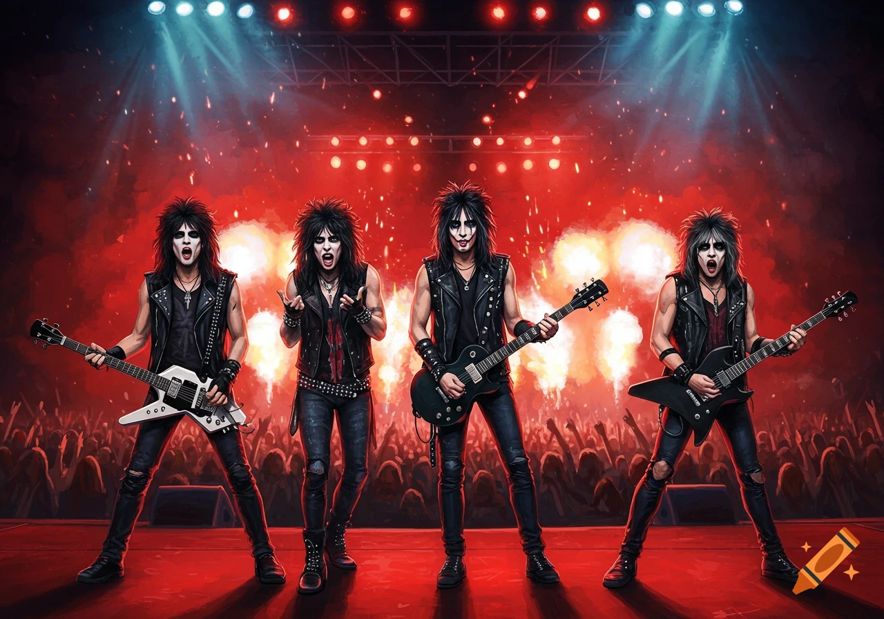 Four rock musicians in heavy makeup and studded leather play guitars on a stage under red lights, pyrotechnics, and an audience.