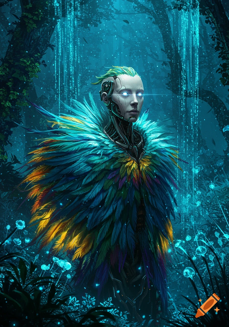 A humanoid cyborg with glowing eyes and green hair wears a large, vibrant feather cloak in a mystical blue-green forest with digital rain.