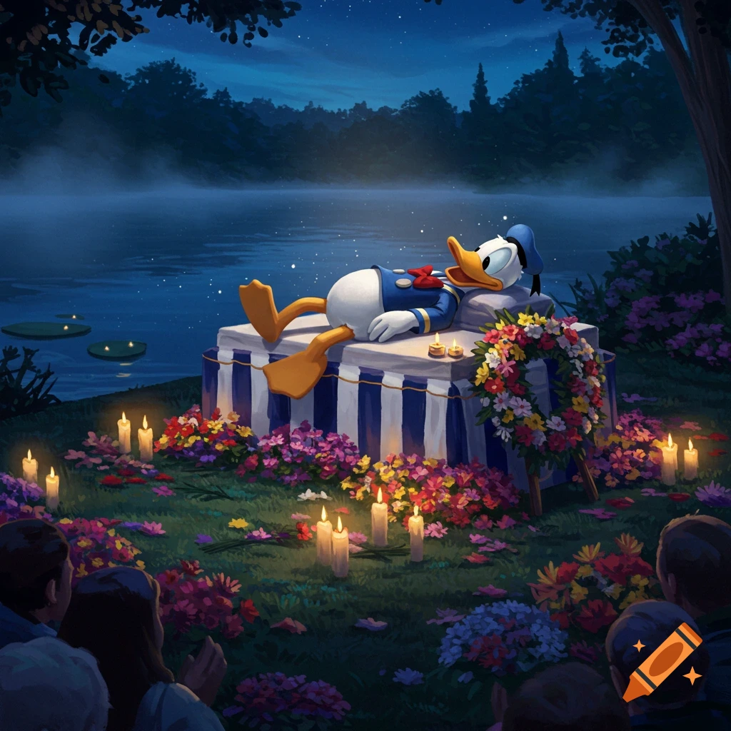 Donald Duck in a casket at a nighttime funeral by a lake, surrounded by flowers, candles, and mourners.