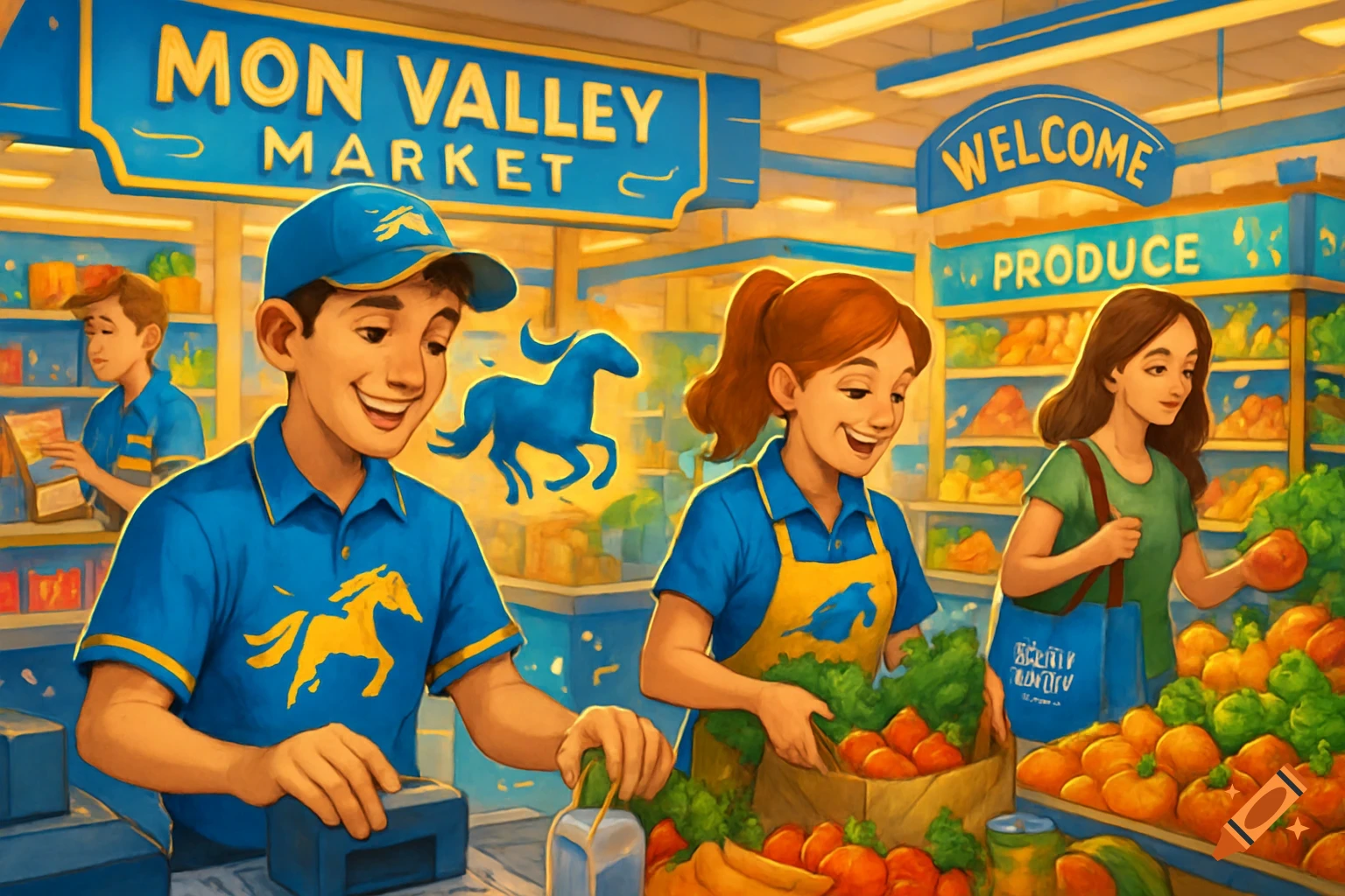 An illustration of a bustling grocery store with several people. A male cashier smiles while scanning items, a female employee bags produce, and a female shopper selects fruit. "MON VALLEY MARKET" and "WELCOME PRODUCE" signs are visible.