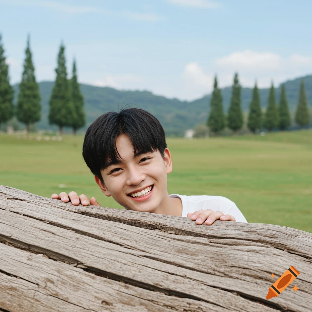 A smiling young man with black hair peeks over a log in a grassy field with trees and hills in the background.