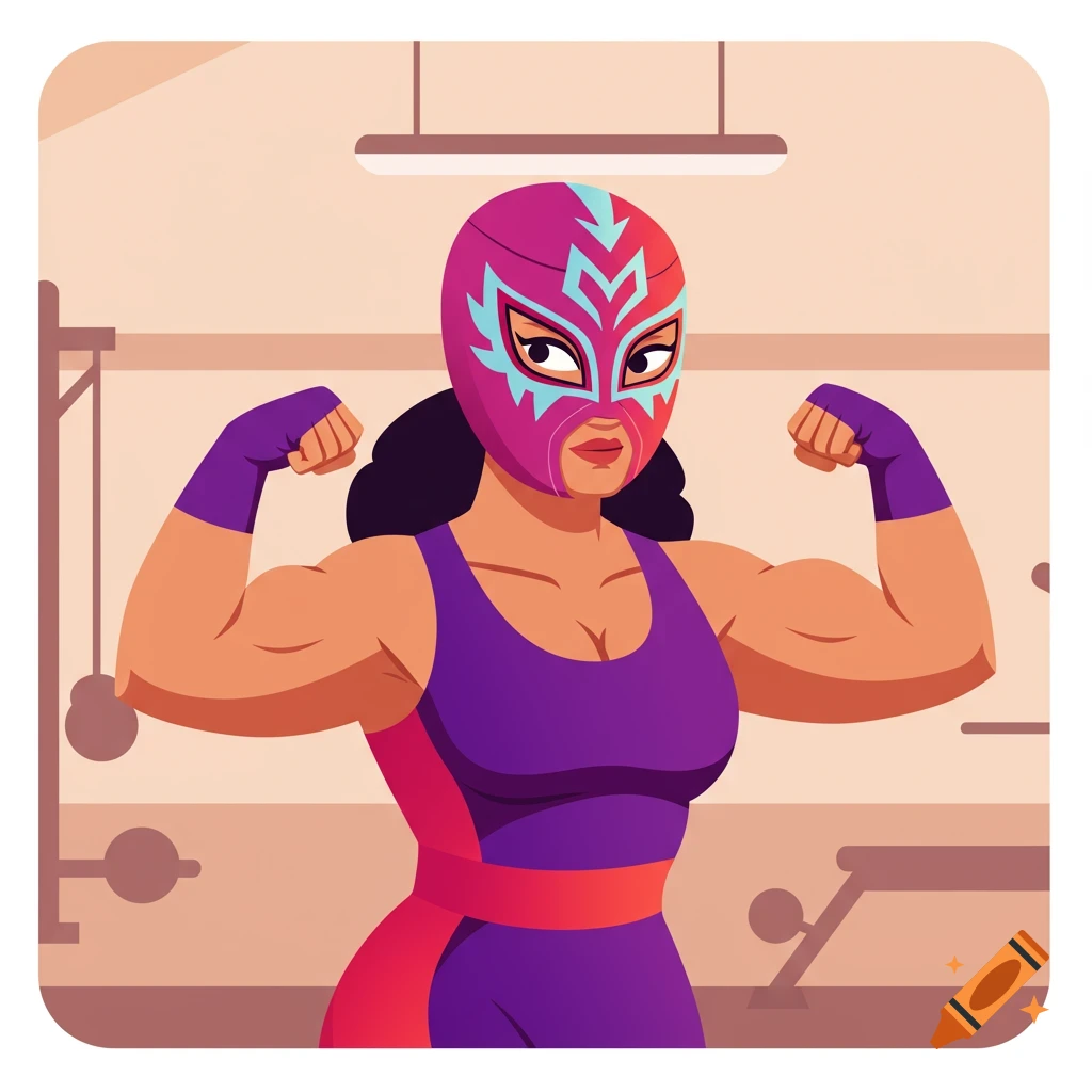 A cartoon illustration of a female masked wrestler flexing her biceps in a gym.
