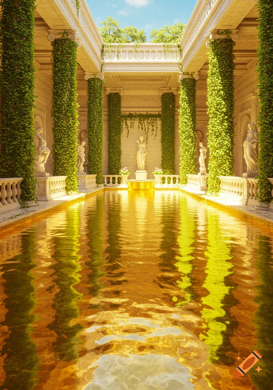 Majestic classical courtyard with ivy-covered columns, marble statues, and a shimmering gold pool.