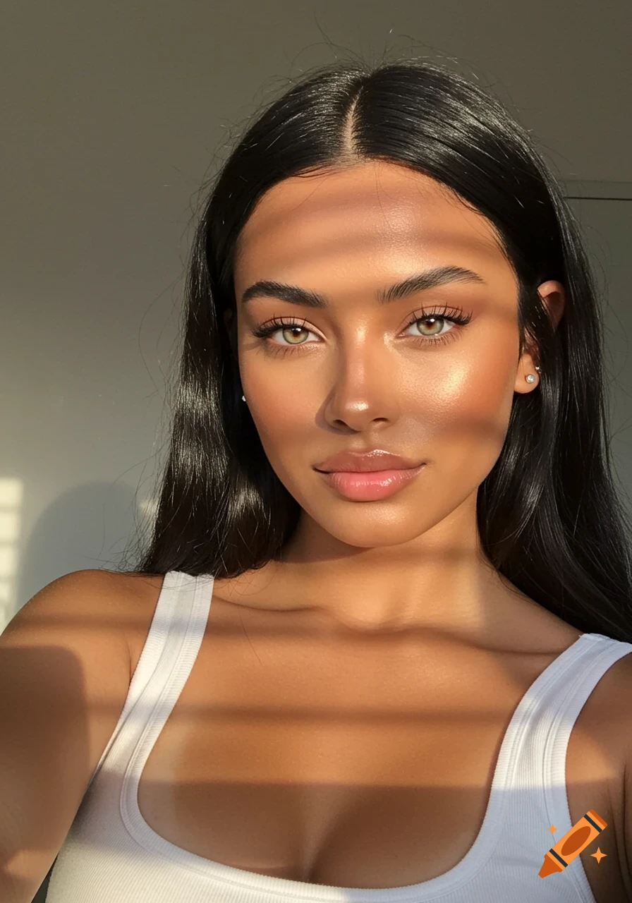 A beautiful woman with long dark hair and striking green eyes looks directly at the camera, sunlight creating striped shadows on her face and white tank top.