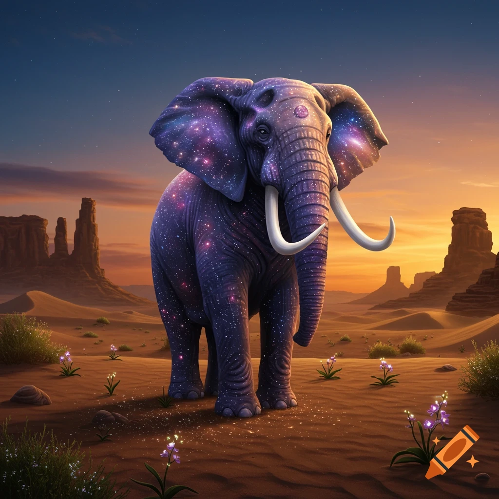 A majestic elephant with a body made of stars and galaxies stands in a vast desert landscape at sunset.