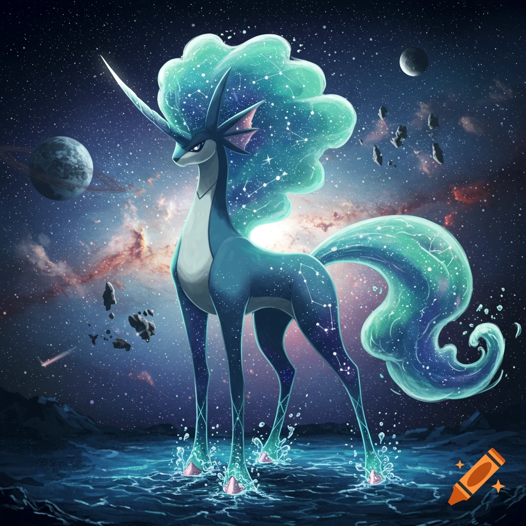 A majestic blue unicorn-like creature with glowing teal mane and tail, adorned with constellations, standing in cosmic water under a starry space sky with planets.