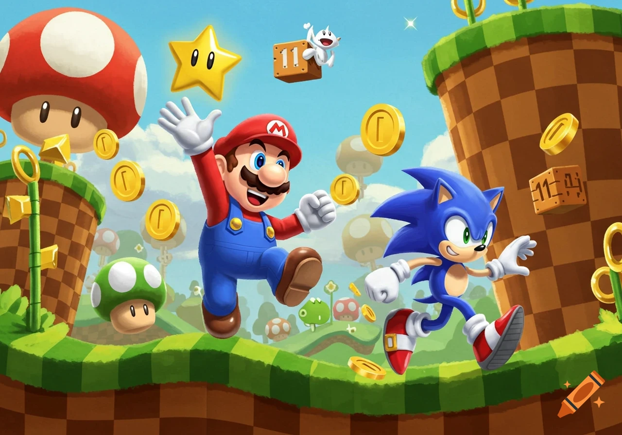 Mario and Sonic run through a vibrant, colorful video game level with power-ups and coins.