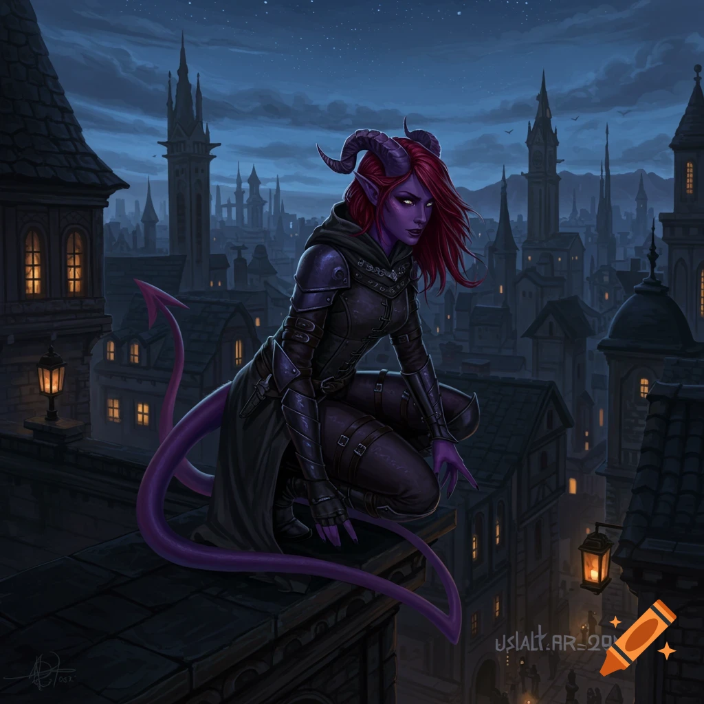 A purple tiefling rogue with red hair and horns crouches on a city rooftop at night, overlooking a spired skyline. Digital art.