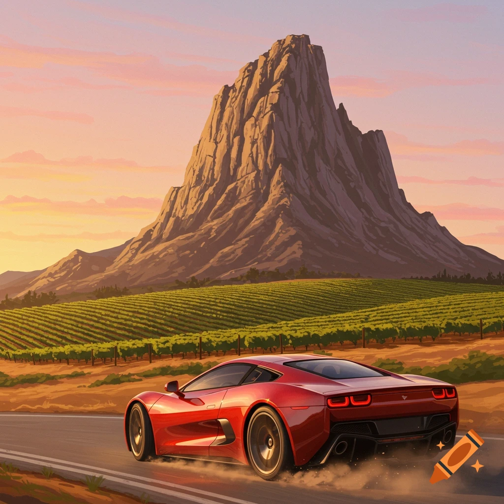 A red sports car drives on a road past a vineyard with a large mountain in the background at sunset, in an illustrative style.