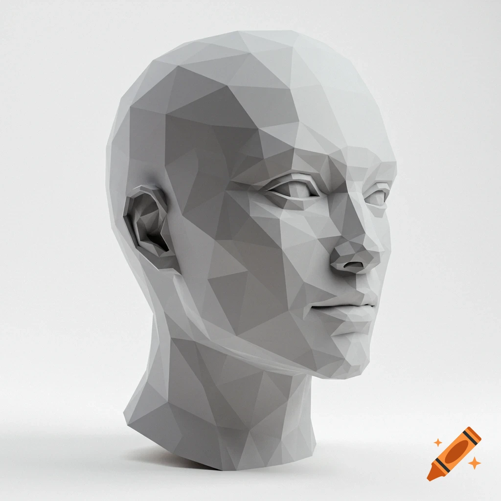 A grey, low-poly 3D render of a human head bust against a plain white background.