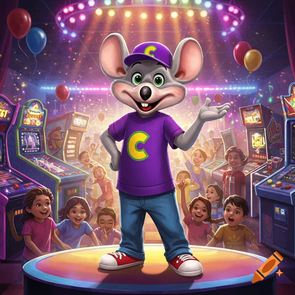 Chuck E. Cheese, a cartoon mouse, stands on a stage in a vibrant arcade with happy children and confetti, under colorful spotlights. He wears a purple shirt with a 'C' and a matching hat.