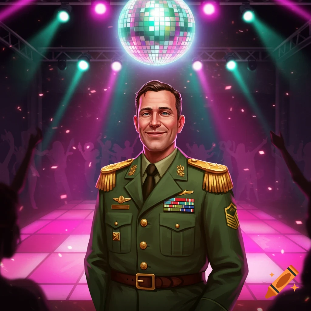 A smiling general in uniform stands on a disco dance floor under a disco ball, with dancing silhouettes in the background.