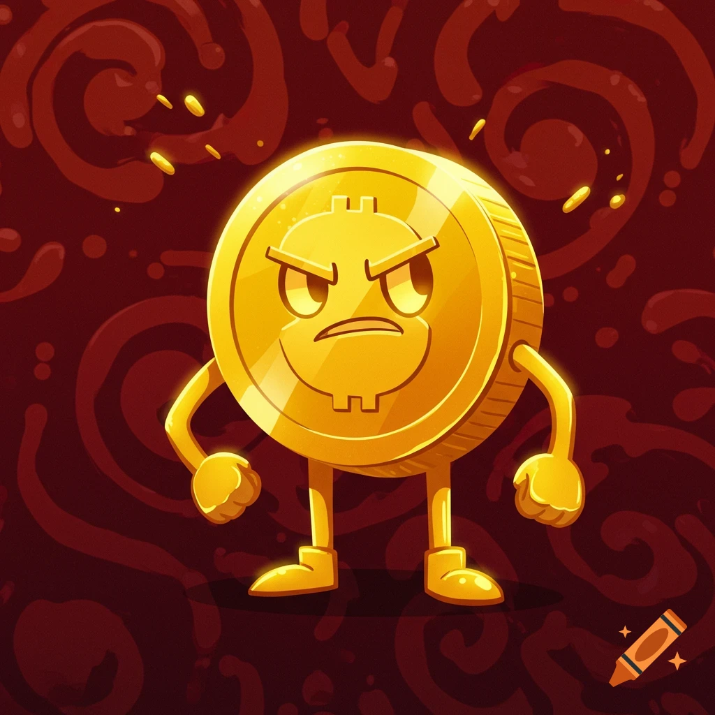 Angry golden cartoon coin character with arms and legs, on a dark red swirling background.