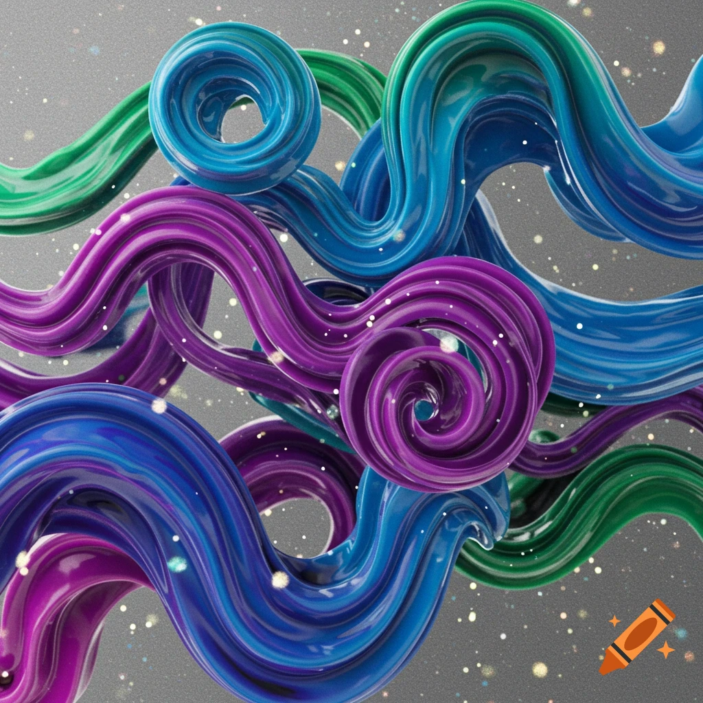 Glossy, intertwining blue, green, and purple wavy tubes with white specks against a gray background.