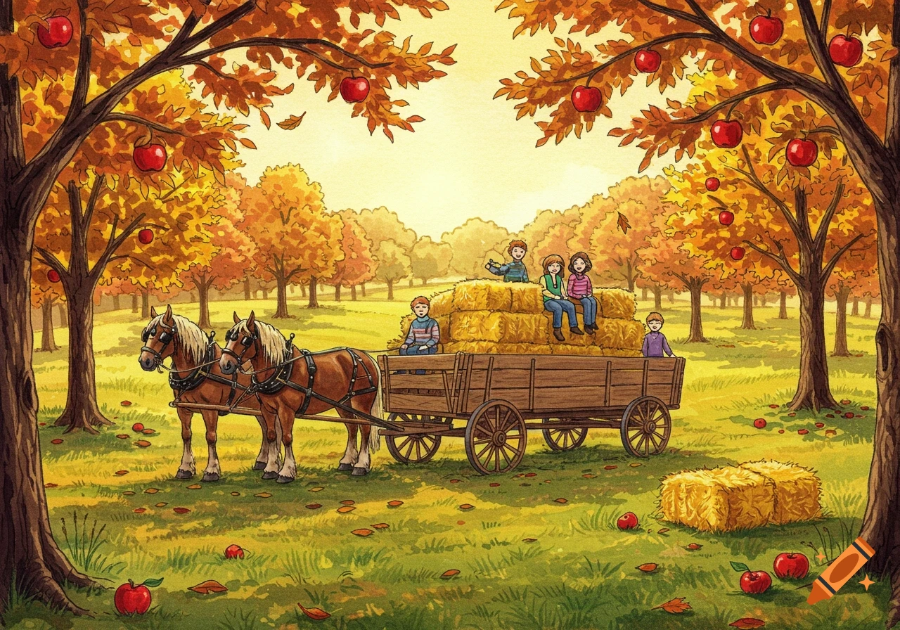 An illustration of children riding a horse-drawn hay wagon in a vibrant autumn apple orchard.